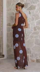 Cataleya Mesh Maxi Dress - Brown / Blue Polka Dot