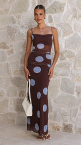 Loralei Mesh Maxi Dress - Brown / Blue Polka Dot