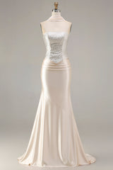 Sparkly Champagne Mermaid Neck Scarf Long Prom Dress with Beading