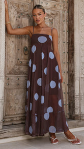 Melinda Mesh Maxi Dress - Brown / Blue Polka Dot