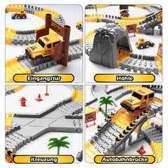Autorennbahn ab 3 4 5 6 7 8 Jahre, 264 Stück 5 Cars Bagger Spielzeug Autorennbahn Rennbahn 2 Glow Elektroautos,3 Bauwagen,Flexibles DIY Gleis-Set Flexible Track Kran Spiele