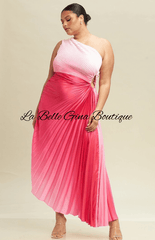 Djoune One Shoulder Ombre Pleated Side Cut Maxi Dress-Pink Multi