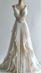 Sonicelife Ivory Beaded A-line Evening Gown Maxi Long Evening Party Prom Dresses Wedding Dresses With Ruffles (PRE-ORDER)