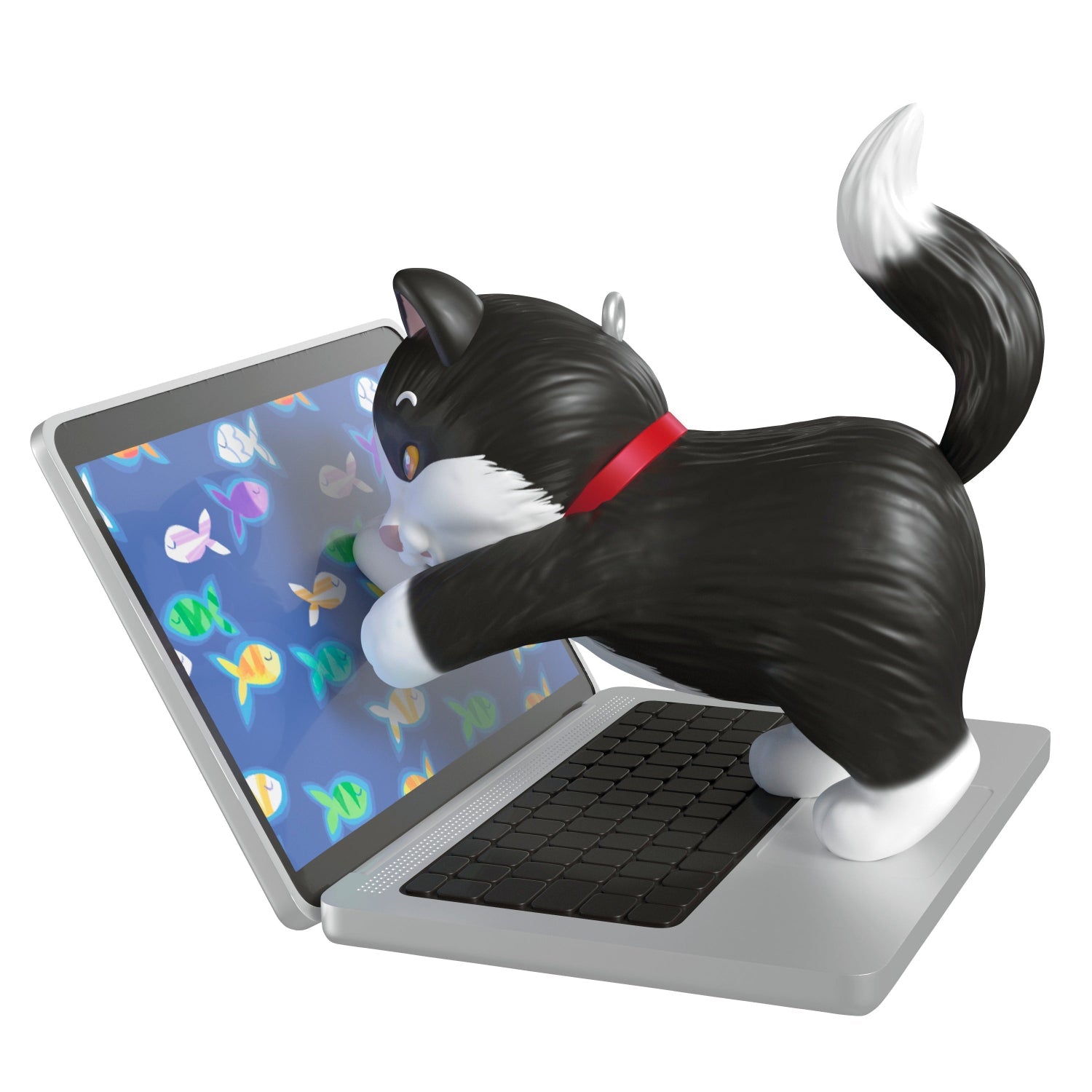 Mischievous Kittens, 27th in the Series — 2025 Hallmark Keepsake Christmas Ornament of a tuxedo cat reaching towards colourful fish on a laptop screen.