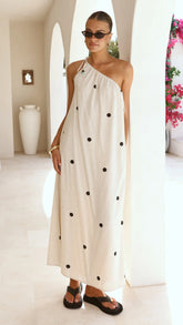 Nasira One Shoulder Maxi Dress - Oat/Black Polka Dot