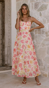 Rahima Maxi Dress - Pink/Yellow Flower
