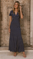 Georgianna Flutter Sleeve Maxi Dress - Navy/Cream Spot