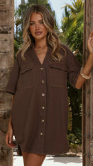 Maliha Button Up Mini Dress - Chocolate Denim