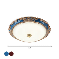 14"/16"/19.5" Wide LED Bowl Flush Mount Lamp Countryside Red/Blue Finish Milk Glass Flush Ceiling Light for bedroom