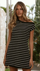 Robin Off Shoulder Mini Dress - Black/White Stripe
