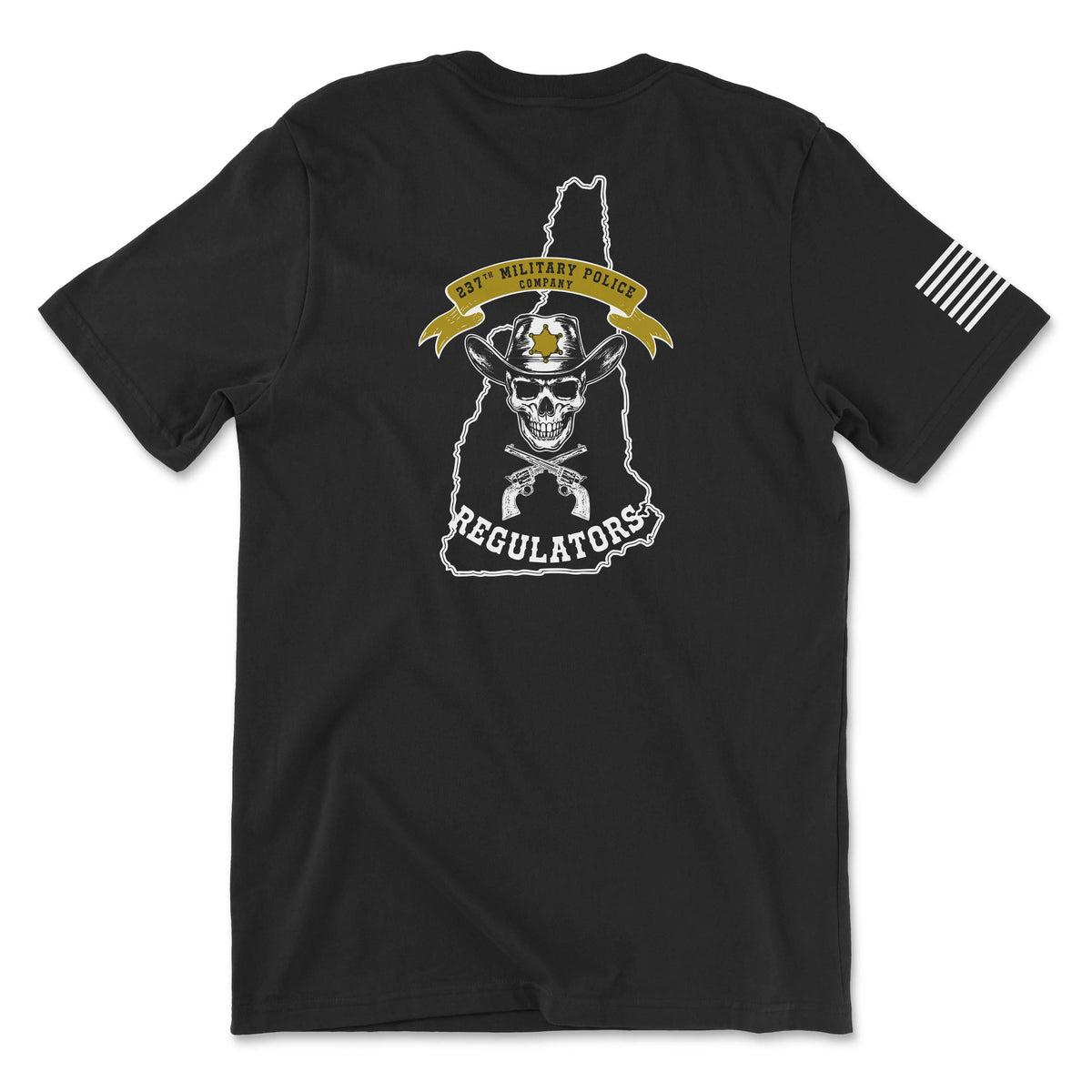 Back view of a black t-shirt for the 237th Military Police Company. The design features a skull wearing a blue beret and a gas mask, set against a white outline of the state of Massachusetts. A yellow banner reads '237th MILITARY POLICE COMPANY' above crossed flintlock pistols and the word 'REGULATORS' in white. A white American flag patch is visible on the right sleeve.