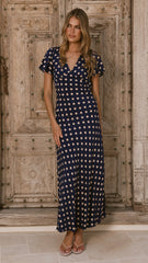 Georgianna Flutter Sleeve Maxi Dress - Navy/Cream Spot