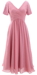 MACloth Women Midi Mother Bride Dresses Short Sleeves Wedding Guest Tea Length