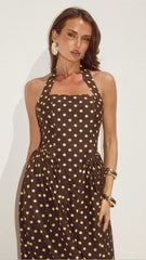 Sammi Halter Midi Dress - Choc/Lemon Polka
