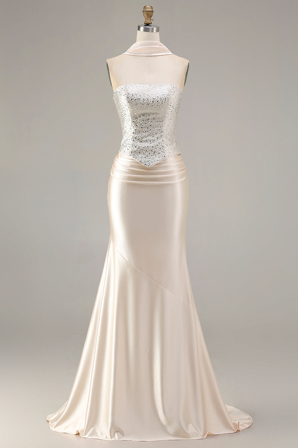 Sparkly Champagne Mermaid Neck Scarf Long Prom Dress with Beading