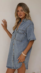 Maliha Button Up Mini Dress - Light Denim