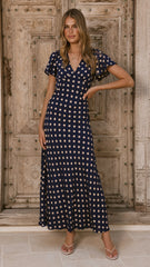 Georgianna Flutter Sleeve Maxi Dress - Navy/Cream Spot