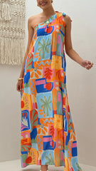 Paxton One Shoulder Maxi Dress - Tropical Abstract