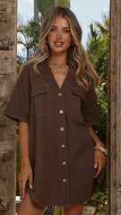 Maliha Button Up Mini Dress - Chocolate Denim