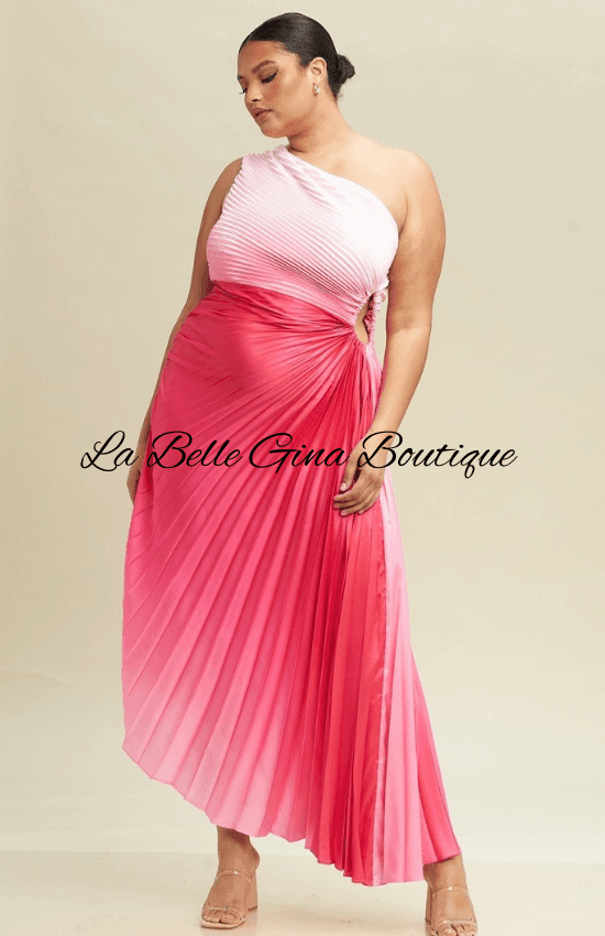 Djoune One Shoulder Ombre Pleated Side Cut Maxi Dress-Pink Multi
