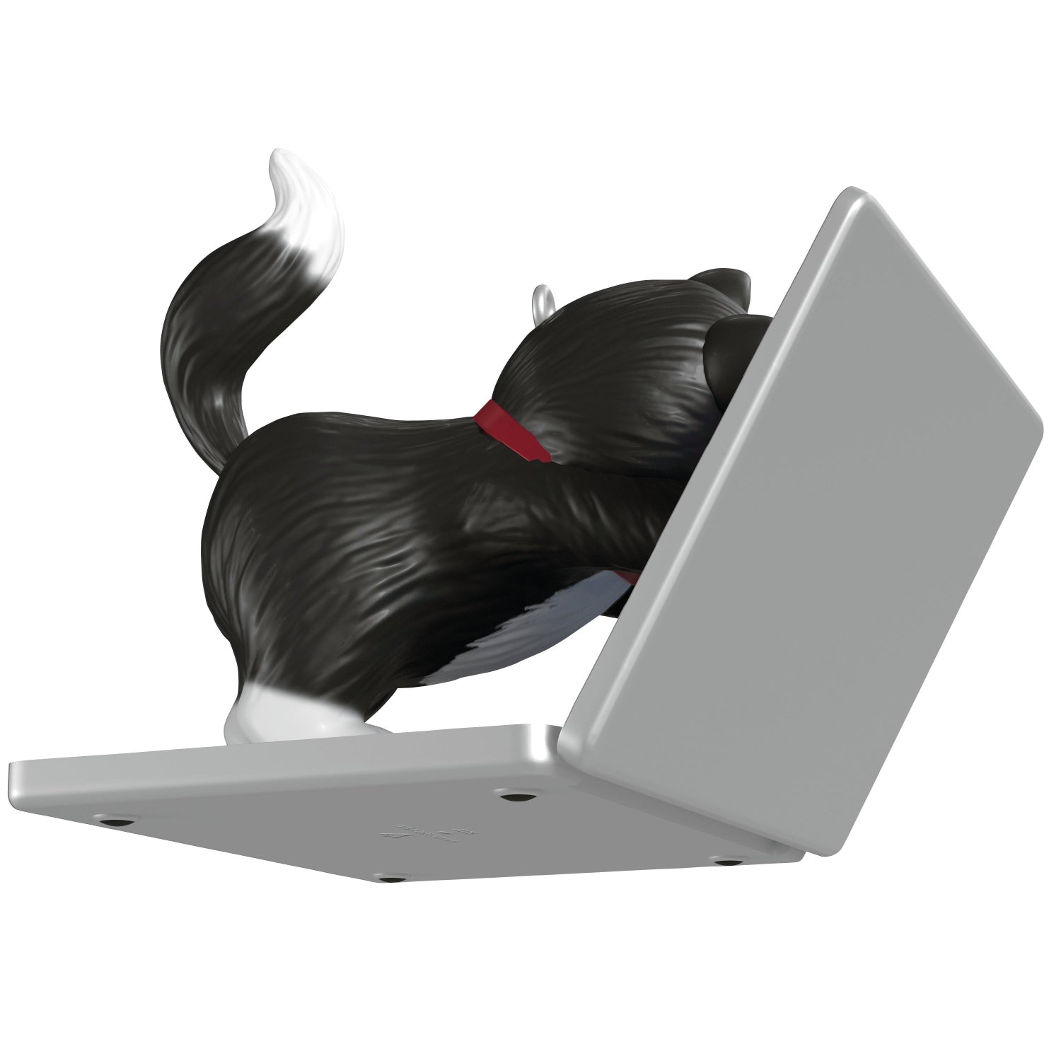 Mischievous Kittens, 27th in the Series — 2025 Hallmark Keepsake Christmas Ornament, black-and-white cat on laptop in playful pose, angled view
