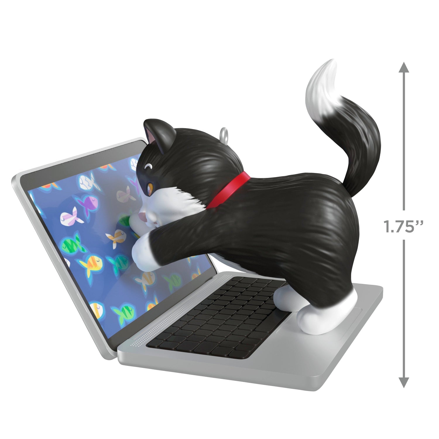 Mischievous Kittens, 27th in the Series — 2025 Hallmark Keepsake Christmas Ornament featuring a black-and-white tuxedo cat reaching for colourful fish on a laptop.
