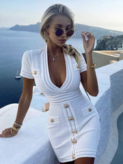 4 Colors Women Summer Sexy Designer White Black Bandage Dress  Elegant Celebrity Button Mini Bodycon Party Dress Vestidos