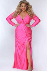 ydney's Closet SC7345 Long Sleeve Fitted Plus Size Prom Dress Slit Formal Gown V Neck Heat Stone ruched evening wear  Colors: Blue Attitude, Hot Pink, Screamin' Green Size: 14-32 Stretch lycra with hot fix stones Fitted silohuette Deep V-neckline Long sleeves High back Natural waistline with ruching Slit