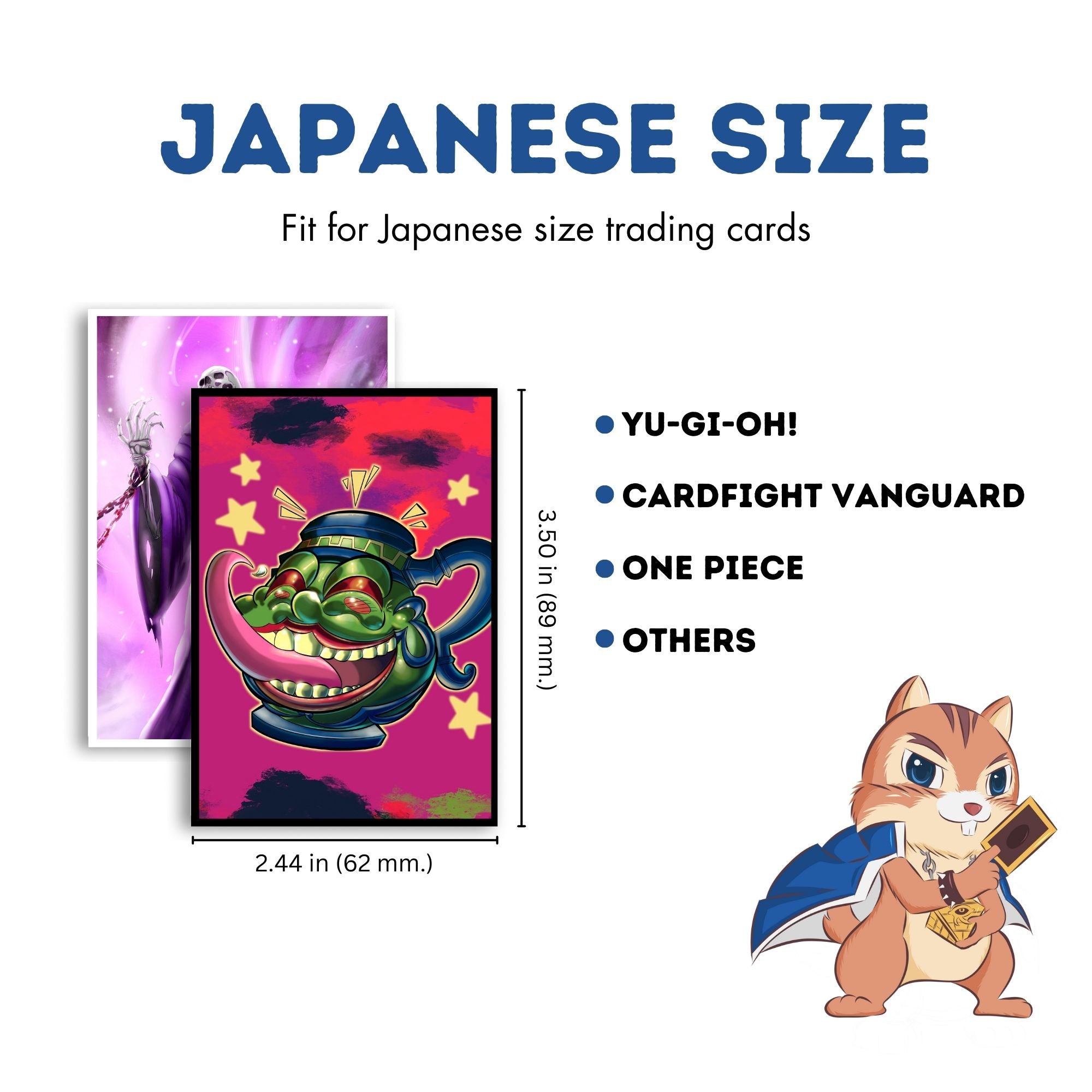 Sizing chart for trading card sleeves for Japanese card games, sold by LDB Duel, such as Yu-Gi-Oh! and Dragon Ball Super, these sleeves accommodate the slightly smaller dimensions of Japanese cards, ensuring a perfect fit and enhanced card longevity. 
