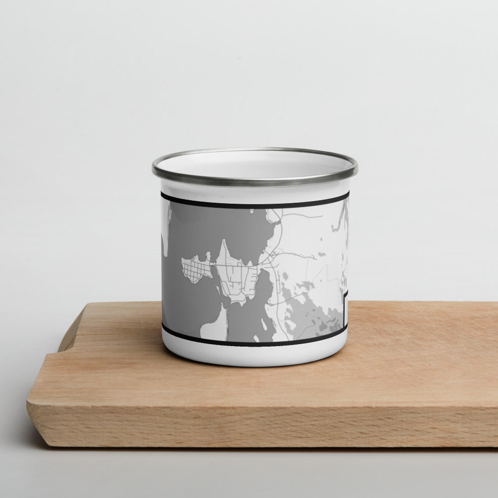 Front View Custom Craig Alaska Map Enamel Mug in Classic on Cutting Board