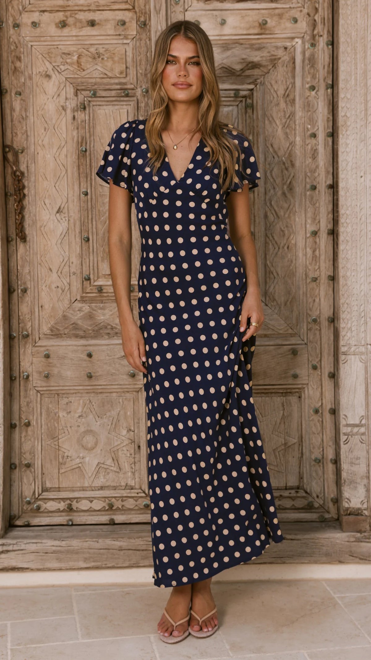 Georgianna Flutter Sleeve Maxi Dress - Navy/Cream Spot