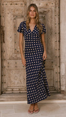 Georgianna Flutter Sleeve Maxi Dress - Navy/Cream Spot